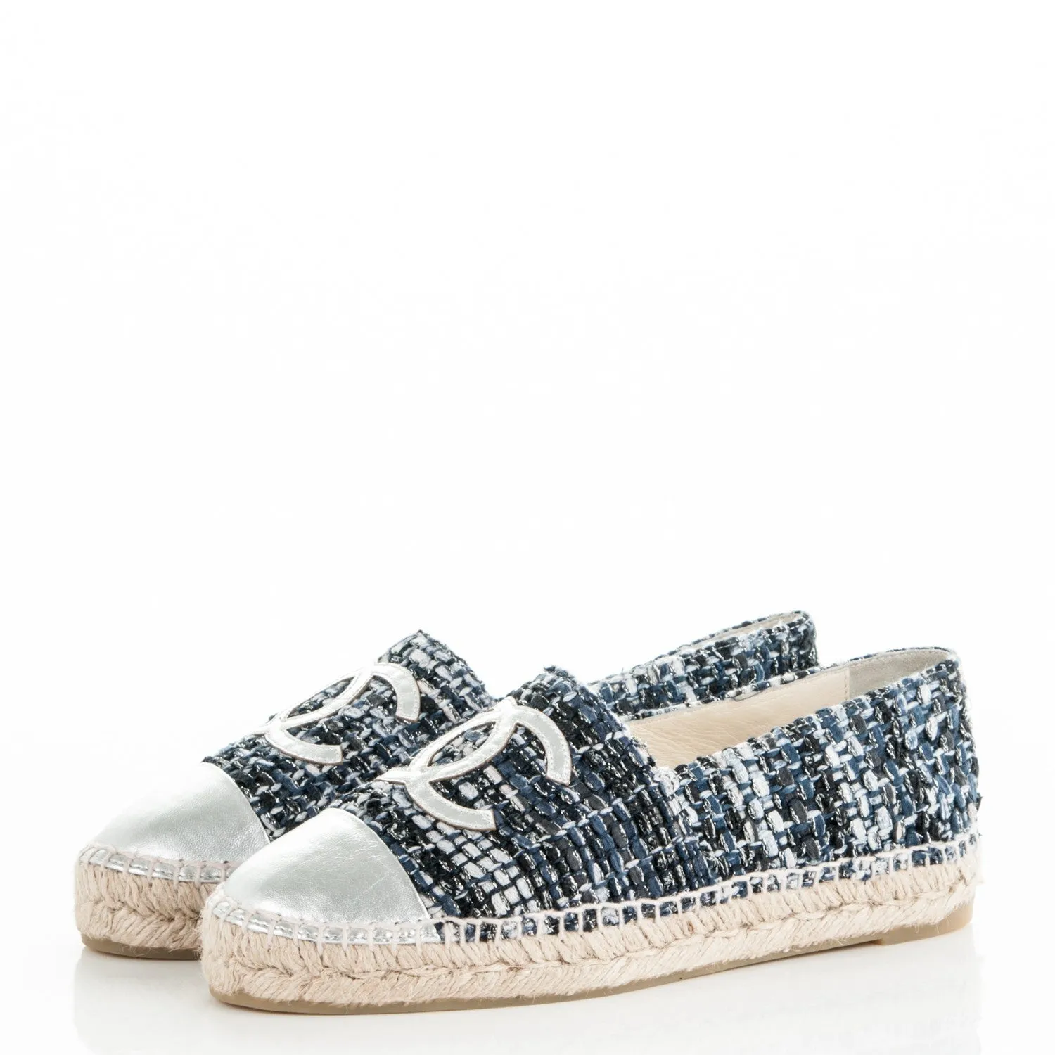 CHANEL Metallic Tweed Patent CC Espadrilles 38 Blue Black Silver