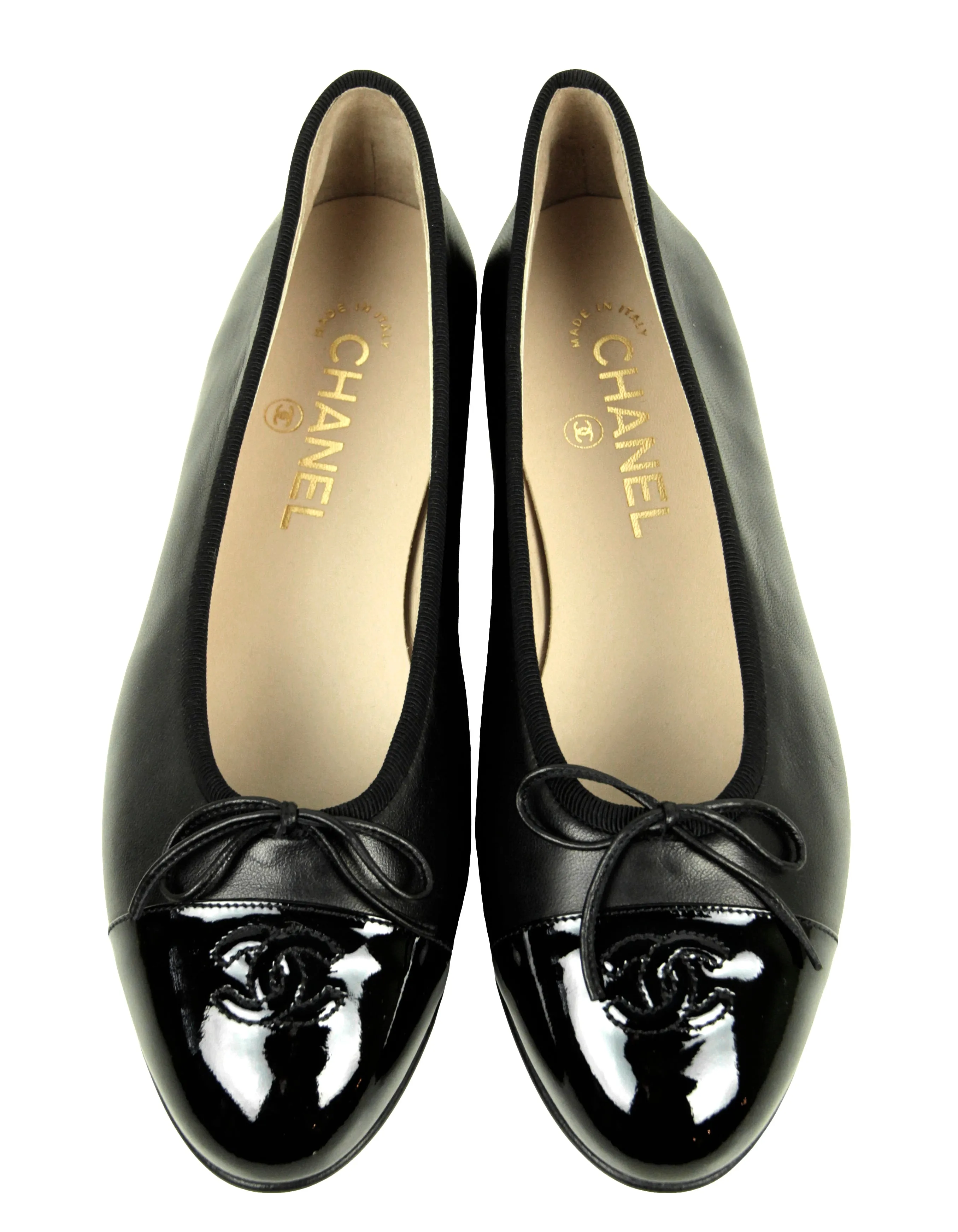 Chanel NEW Black Leather/Patent Cap Toe CC Ballet Flats sz 38