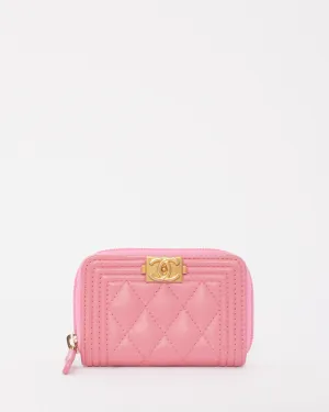 Chanel Pink Leather Boy Zip Around Coin Purse Wallet