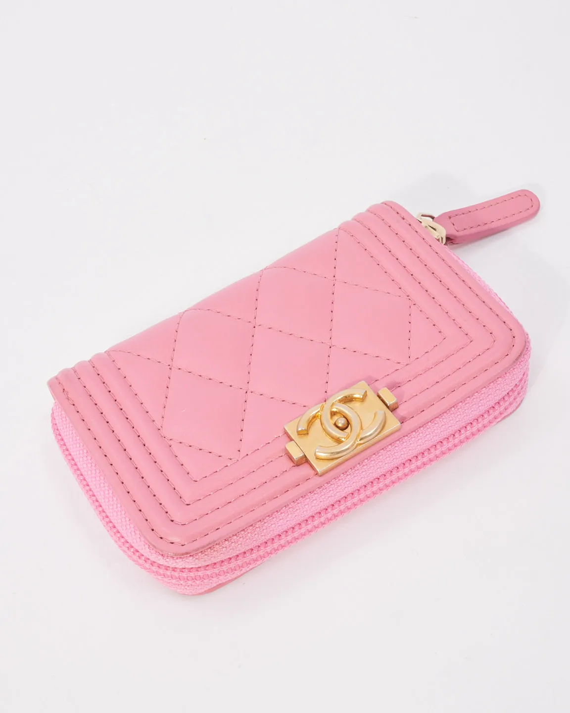 Chanel Pink Leather Boy Zip Around Coin Purse Wallet