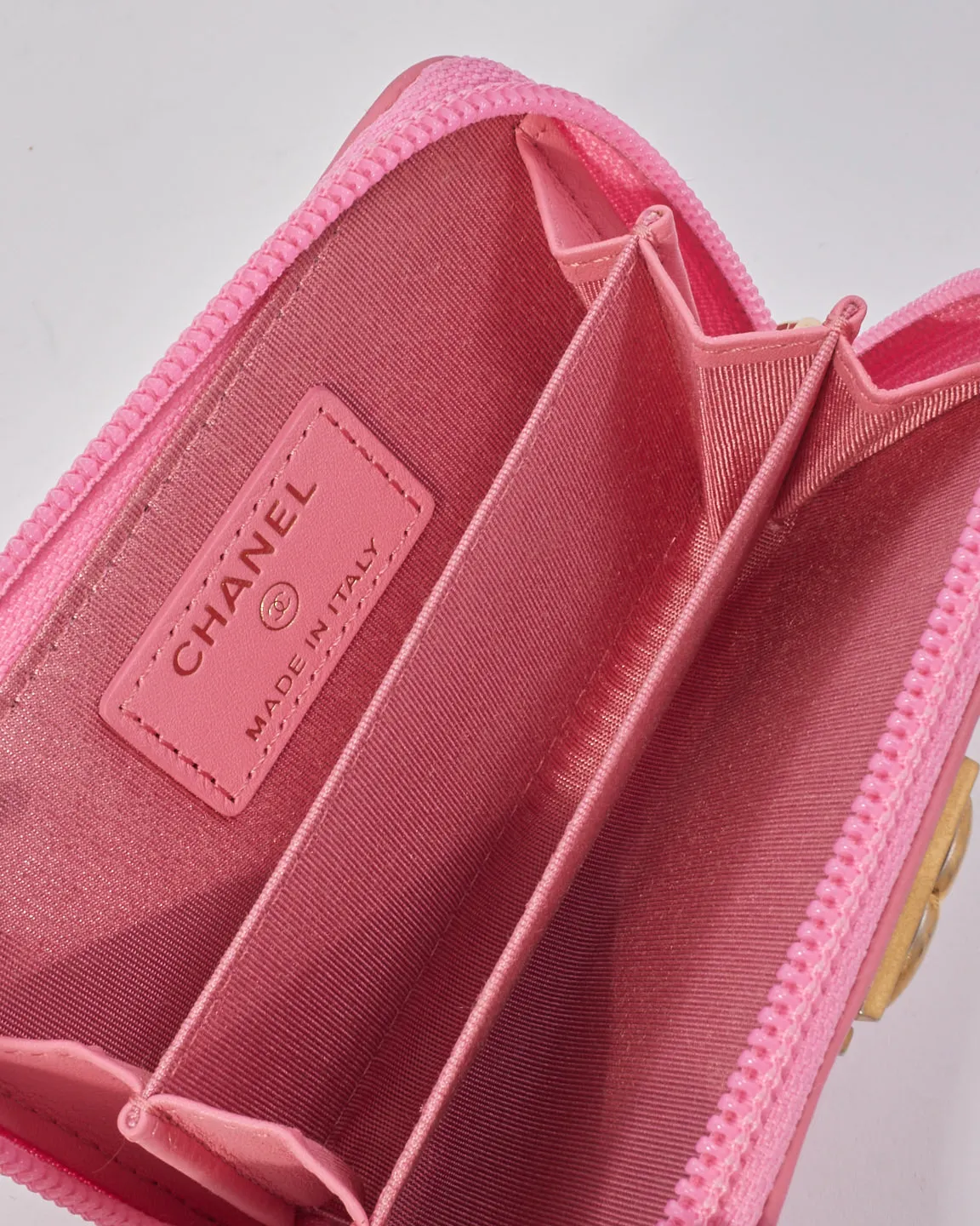 Chanel Pink Leather Boy Zip Around Coin Purse Wallet