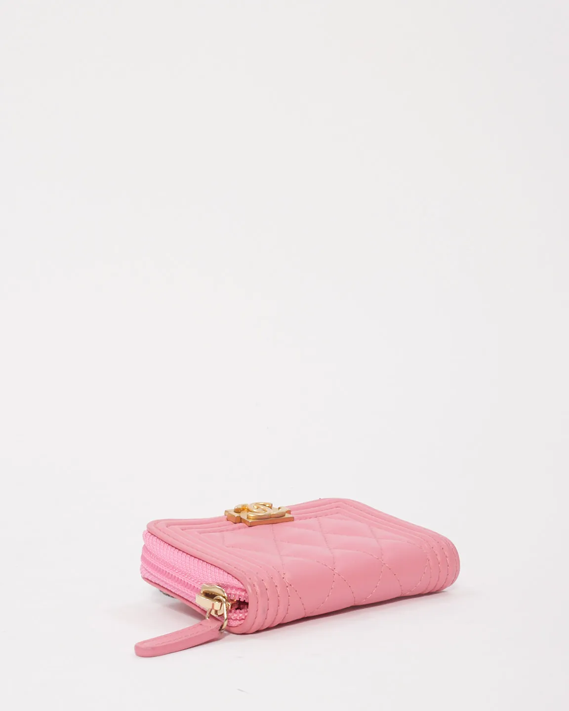 Chanel Pink Leather Boy Zip Around Coin Purse Wallet