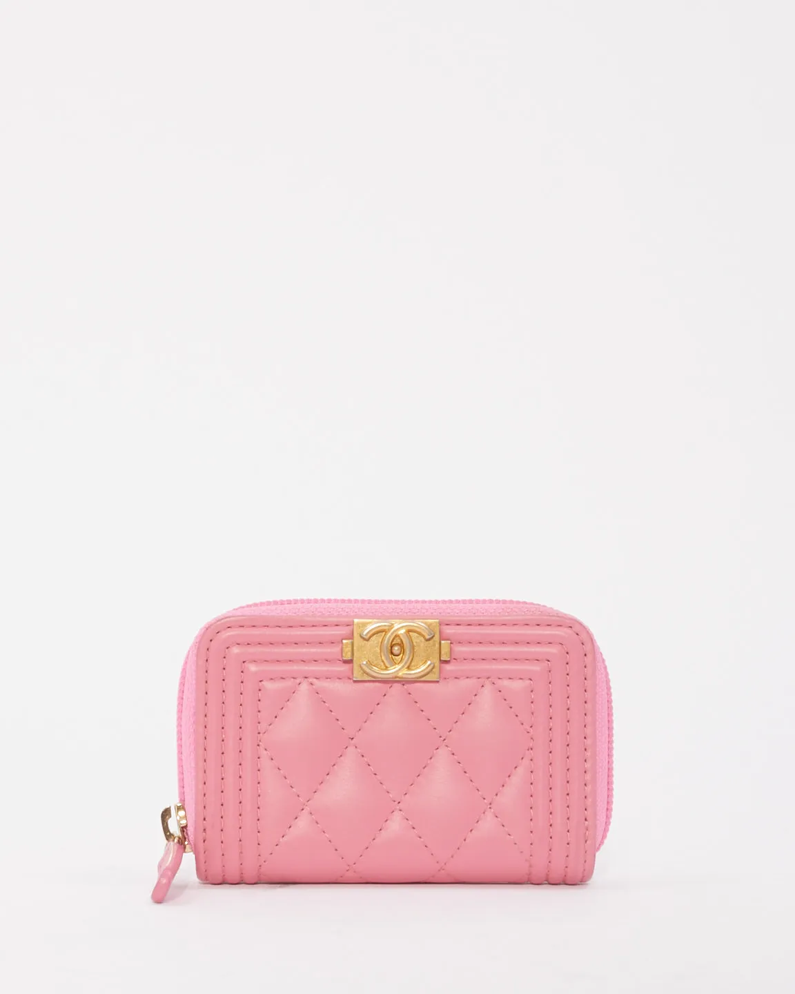Chanel Pink Leather Boy Zip Around Coin Purse Wallet