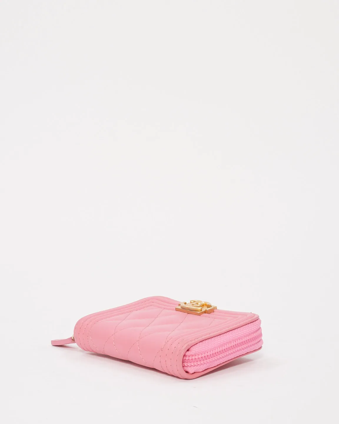 Chanel Pink Leather Boy Zip Around Coin Purse Wallet