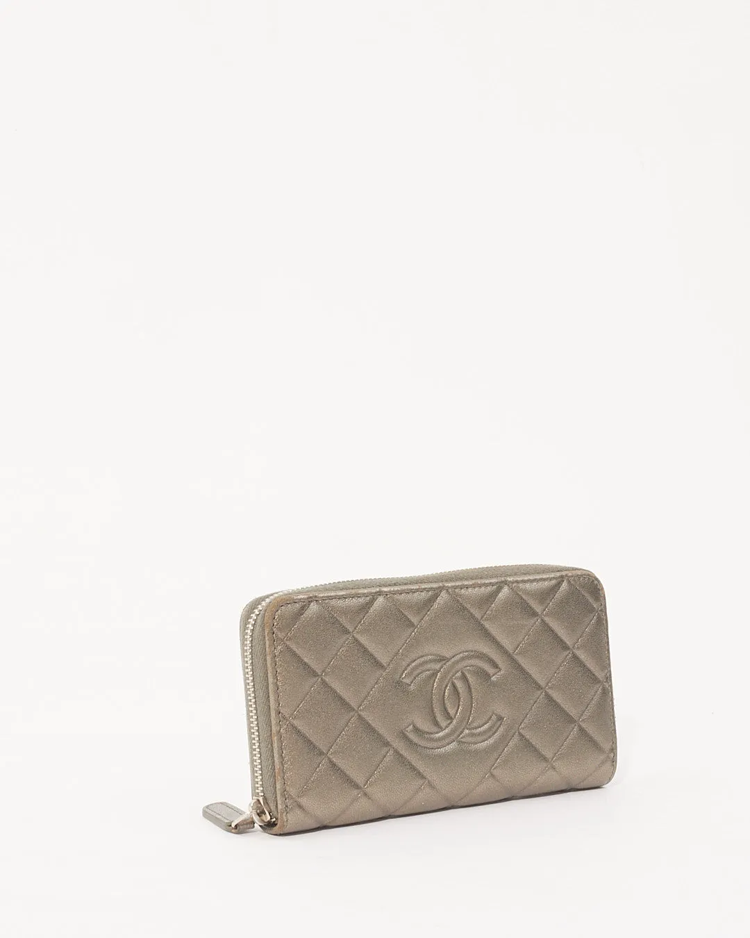 Chanel Silver Quilted Leather CC Zip Around Wallet