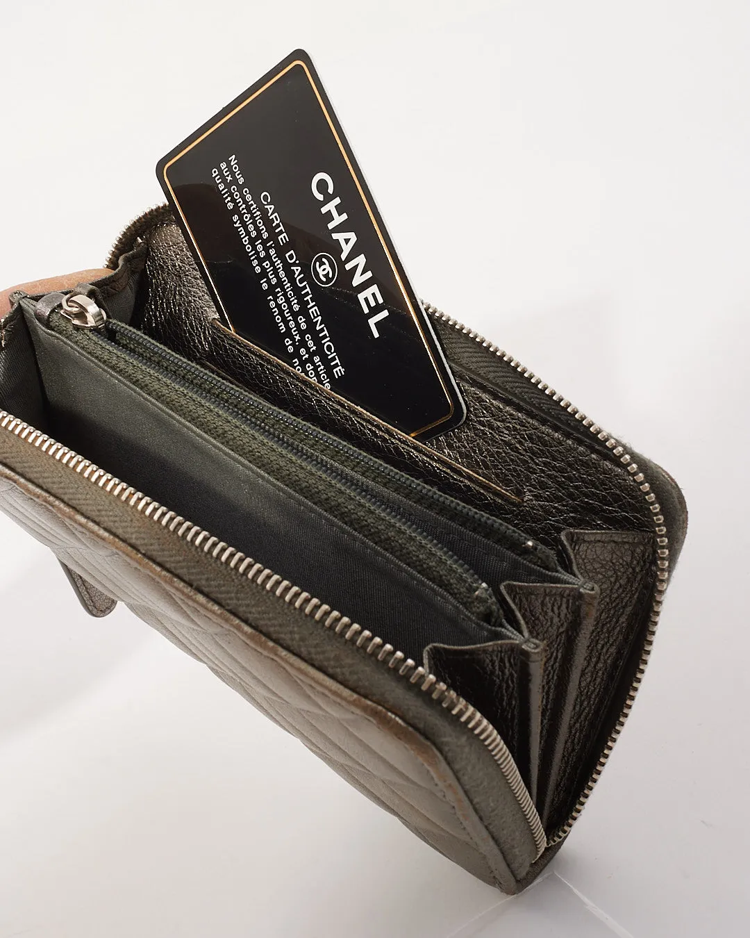Chanel Silver Quilted Leather CC Zip Around Wallet