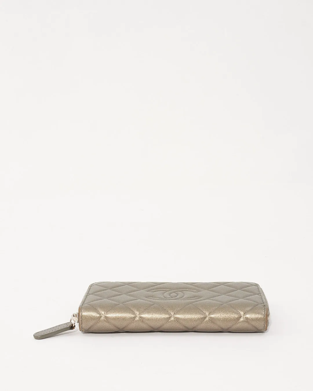 Chanel Silver Quilted Leather CC Zip Around Wallet