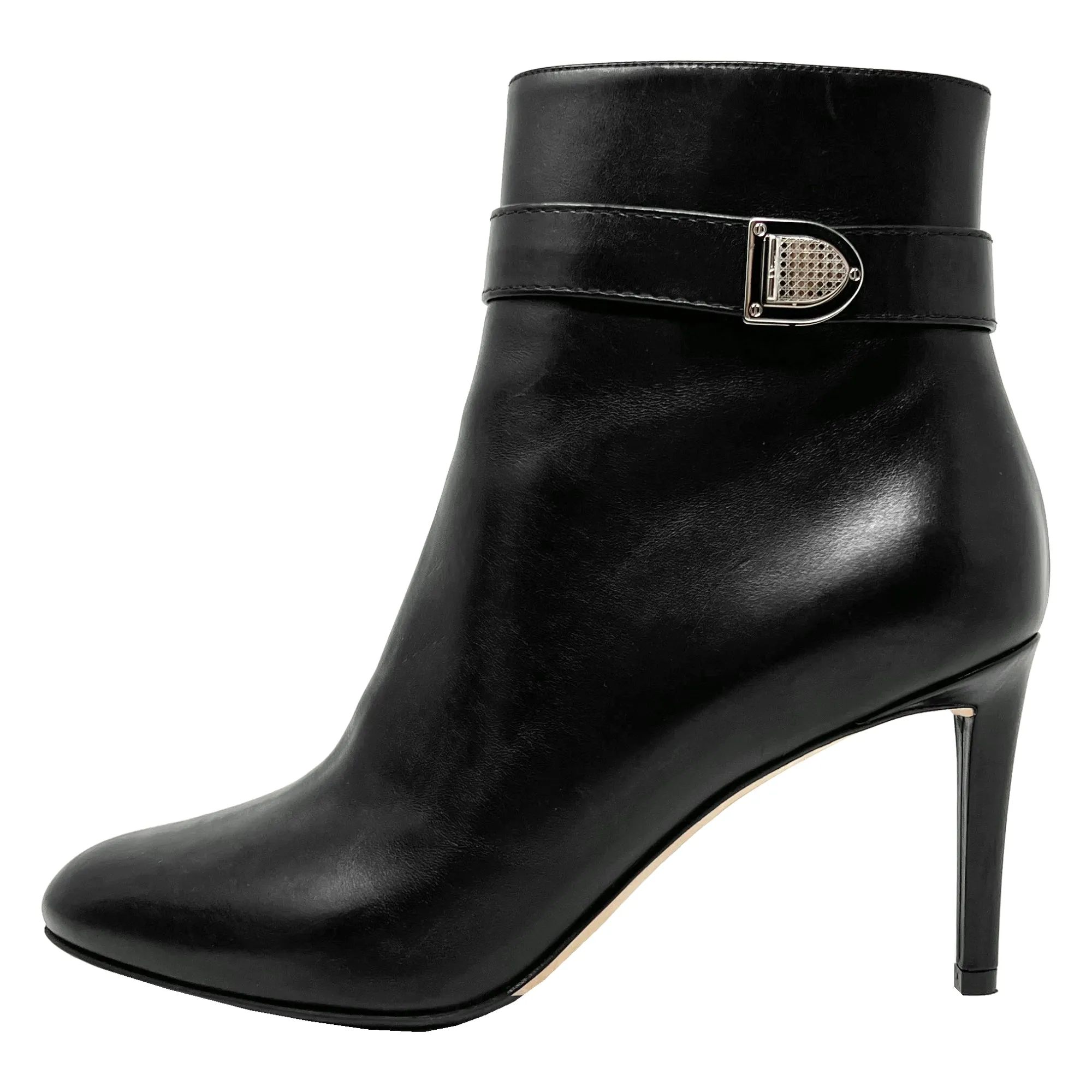 Christian Dior Black Leather Almond Round Toe Silver Buckle Heels Ankle Boots Size EU 39.5