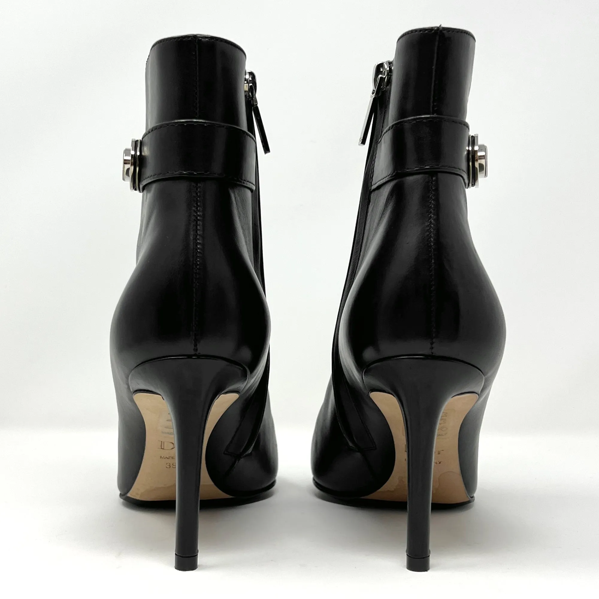 Christian Dior Black Leather Almond Round Toe Silver Buckle Heels Ankle Boots Size EU 39.5
