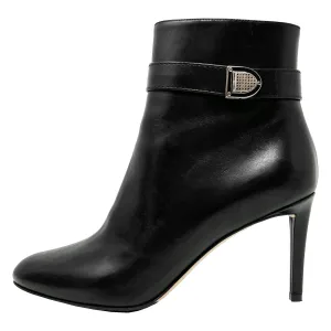 Christian Dior Black Leather Almond Round Toe Silver Buckle Heels Ankle Boots Size EU 39.5