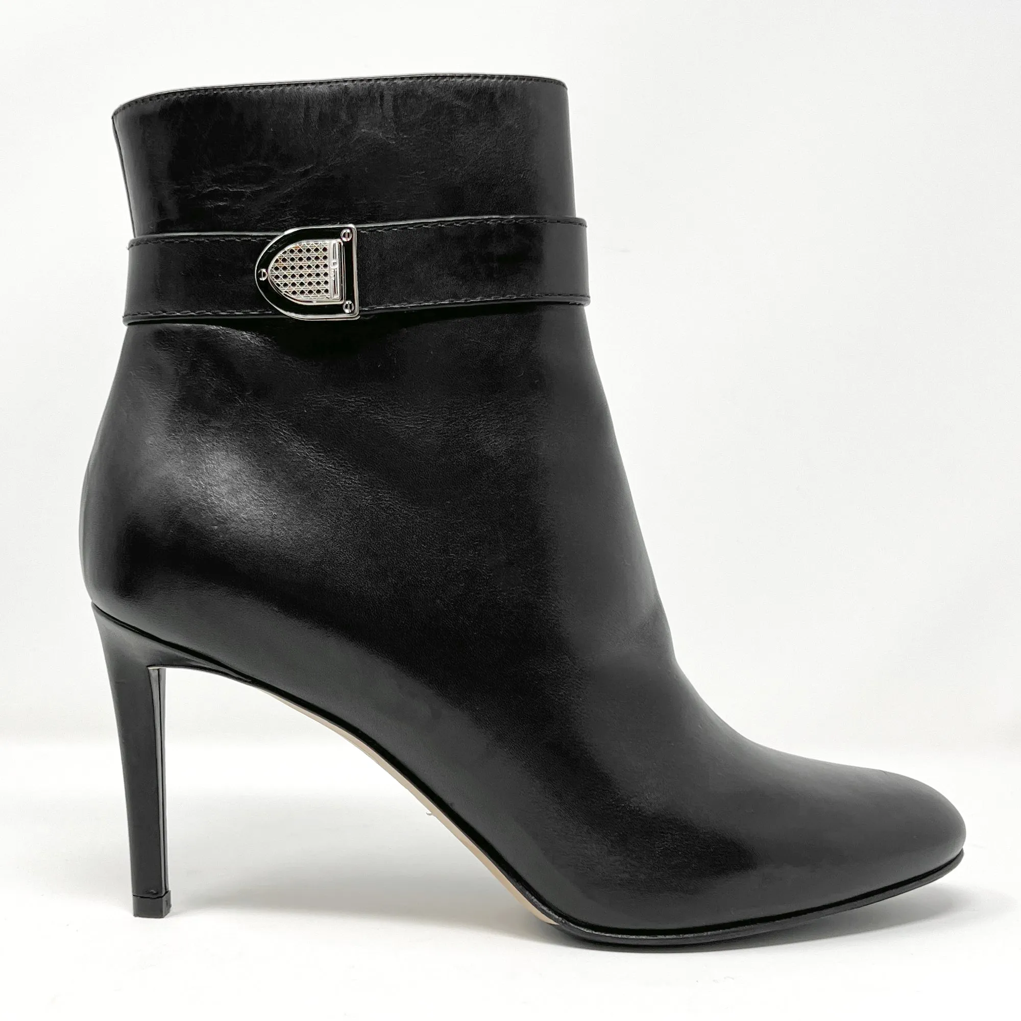 Christian Dior Black Leather Almond Round Toe Silver Buckle Heels Ankle Boots Size EU 39.5