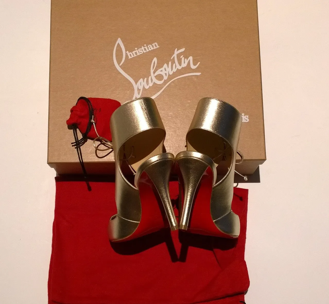 Christian Louboutin Top Nic 85 Gold Ankle Tie Heels Peep Toe Sandals