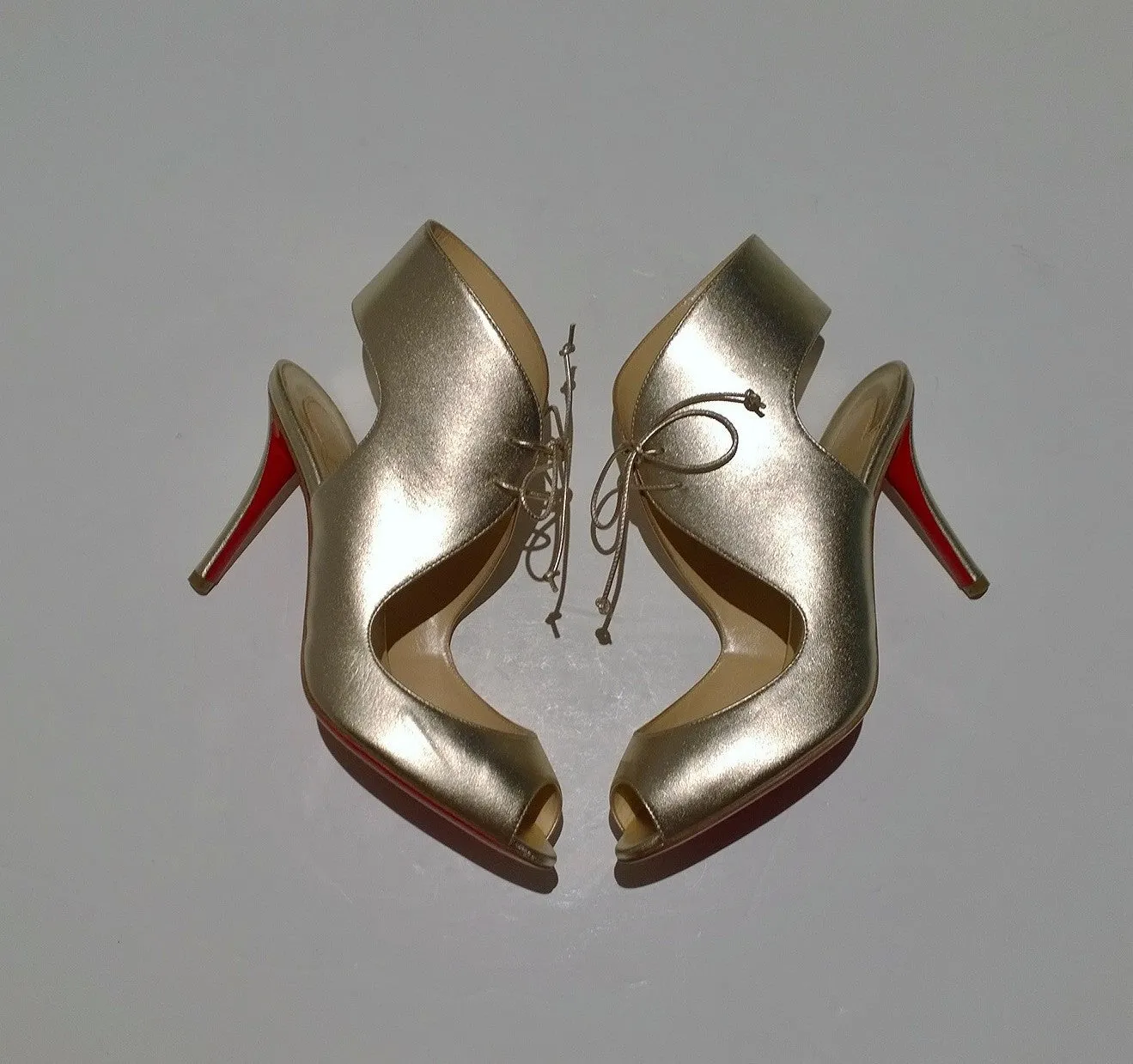 Christian Louboutin Top Nic 85 Gold Ankle Tie Heels Peep Toe Sandals
