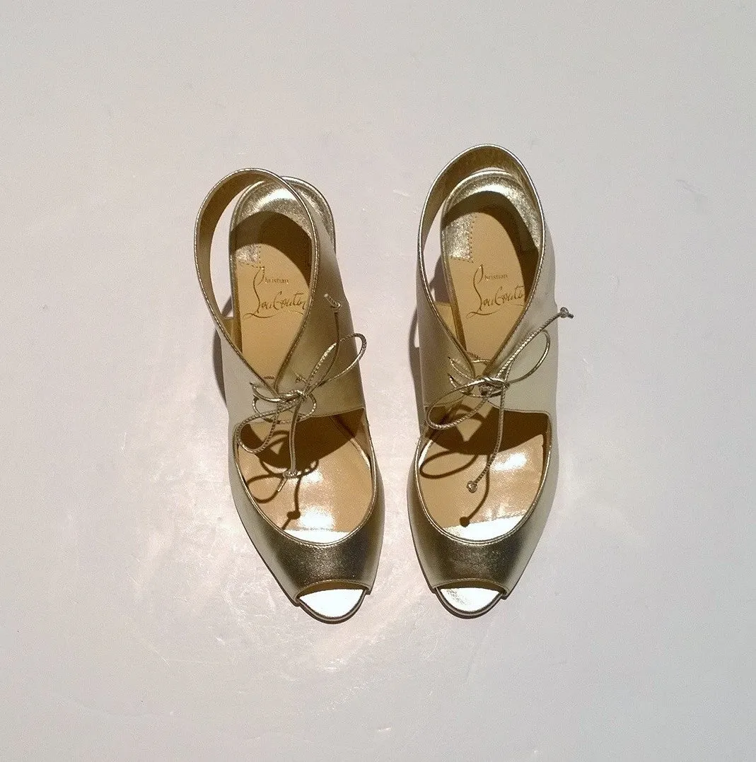 Christian Louboutin Top Nic 85 Gold Ankle Tie Heels Peep Toe Sandals