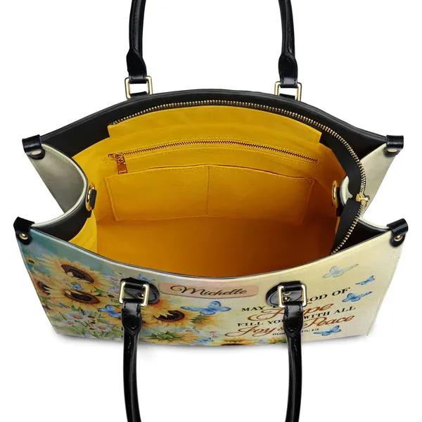 Christianartbag Handbags, May The God Of Hope Fill You With All Joy And Peace Romans 15 13 Butterfly Sunflower, Handbag Design, Monogram Leather Handbag, Gifts for Women, CABLTB06271223.