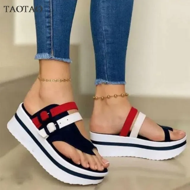 Chunky Heels Ladies Sandals Slip on Buckle Flats