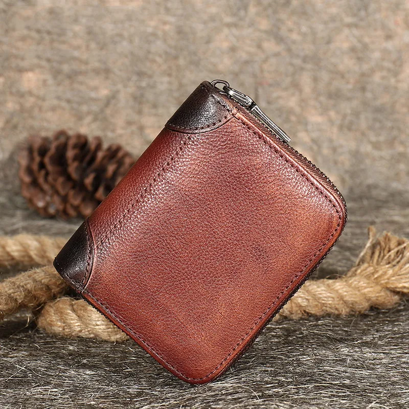 Coffee Small Leather Bifold Wallet Around Zip Billfold Cute Women Zipper Wallet For Ladies
