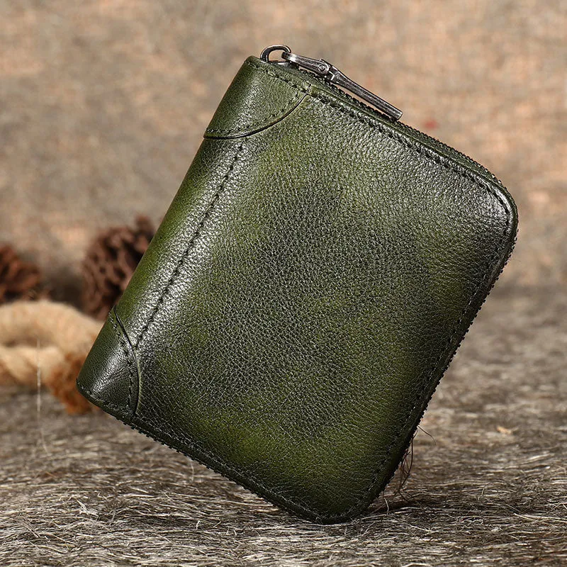 Coffee Small Leather Bifold Wallet Around Zip Billfold Cute Women Zipper Wallet For Ladies