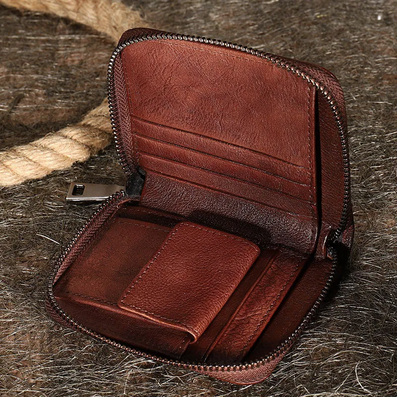 Coffee Small Leather Bifold Wallet Around Zip Billfold Cute Women Zipper Wallet For Ladies
