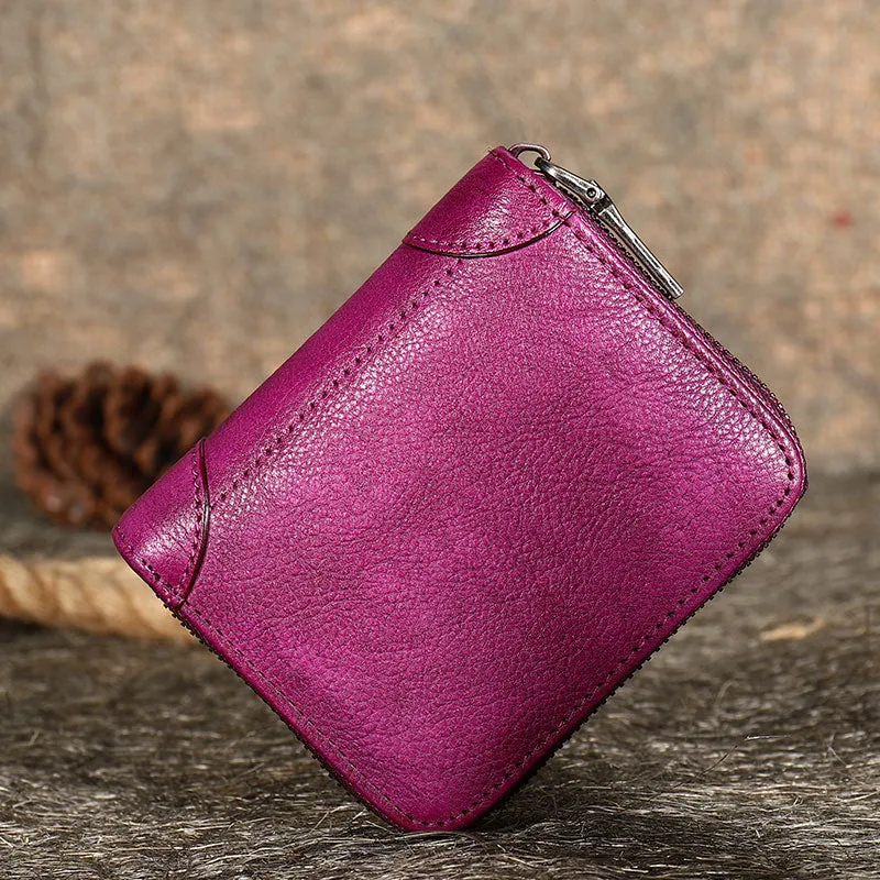 Coffee Small Leather Bifold Wallet Around Zip Billfold Cute Women Zipper Wallet For Ladies