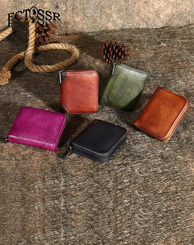 Coffee Small Leather Bifold Wallet Around Zip Billfold Cute Women Zipper Wallet For Ladies