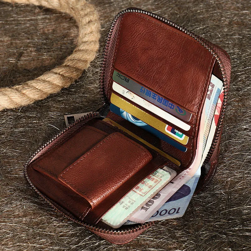 Coffee Small Leather Bifold Wallet Around Zip Billfold Cute Women Zipper Wallet For Ladies