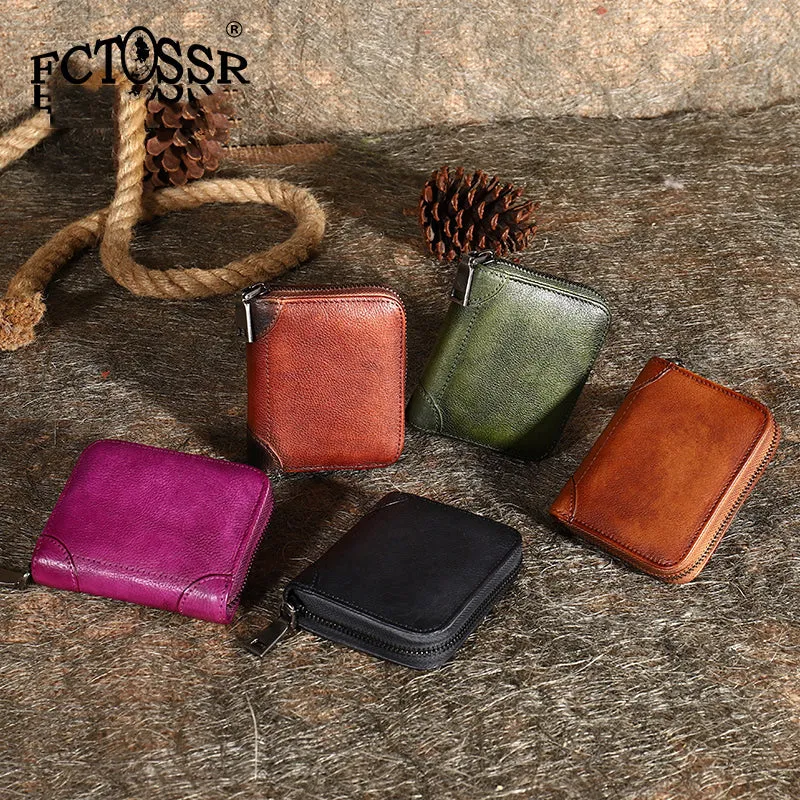 Coffee Small Leather Bifold Wallet Around Zip Billfold Cute Women Zipper Wallet For Ladies