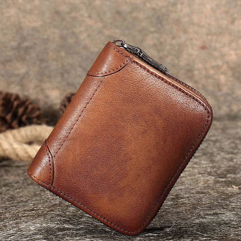 Coffee Small Leather Bifold Wallet Around Zip Billfold Cute Women Zipper Wallet For Ladies