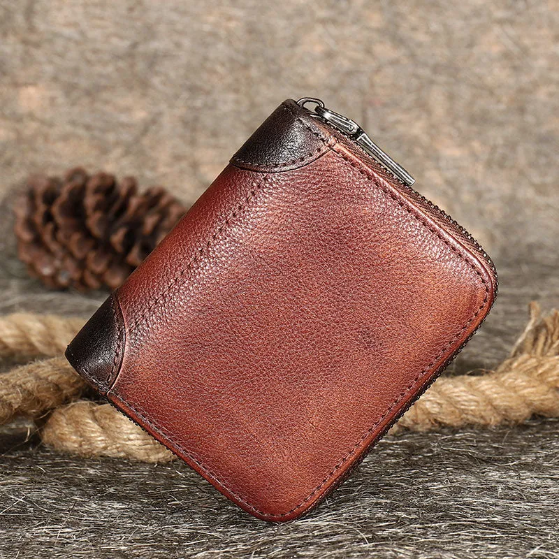 Coffee Small Leather Bifold Wallet Around Zip Billfold Cute Women Zipper Wallet For Ladies