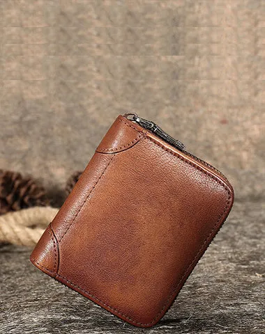 Coffee Small Leather Bifold Wallet Around Zip Billfold Cute Women Zipper Wallet For Ladies