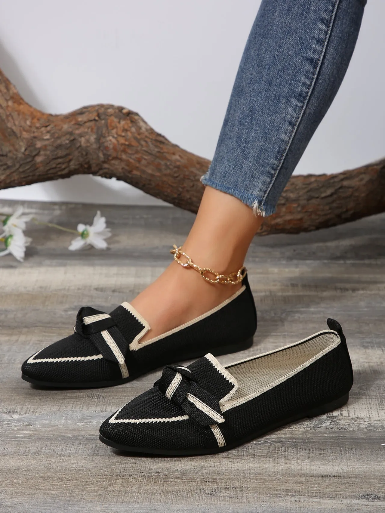 Creamtopmall Breathable Flyknit Pointed Toe Bow Flat Slip-ons