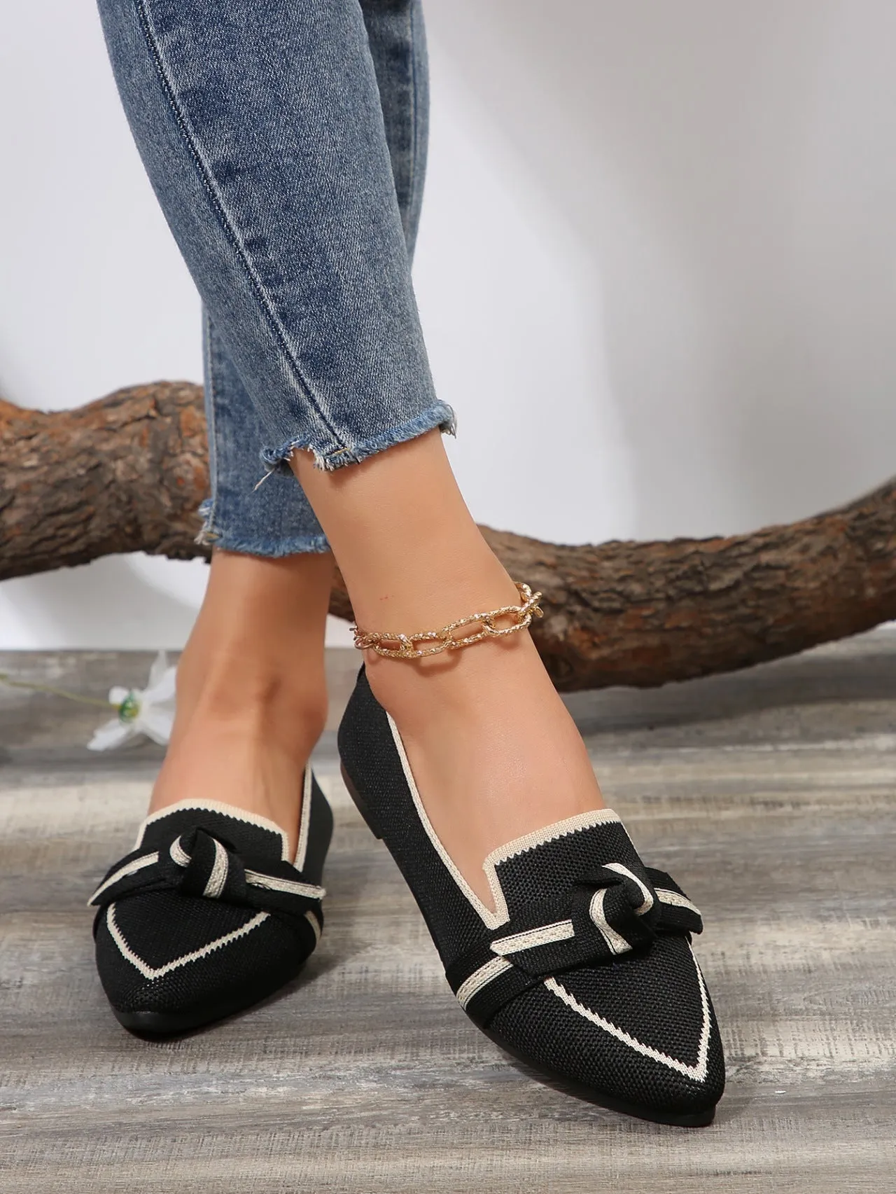 Creamtopmall Breathable Flyknit Pointed Toe Bow Flat Slip-ons