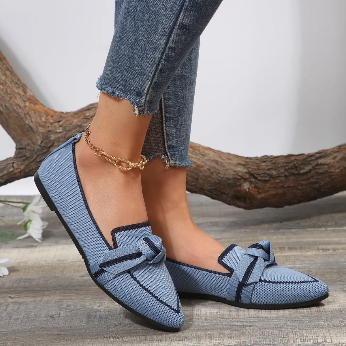 Creamtopmall Breathable Flyknit Pointed Toe Bow Flat Slip-ons