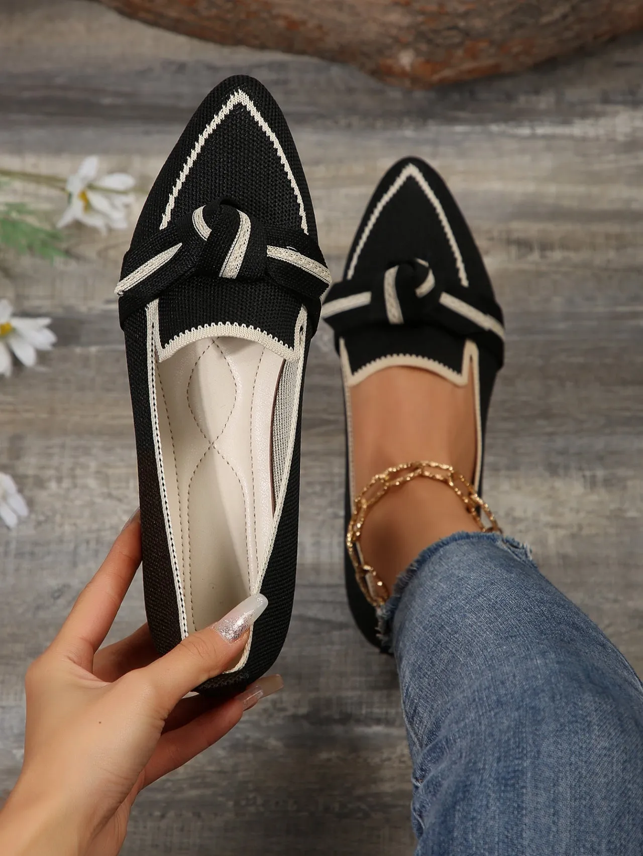 Creamtopmall Breathable Flyknit Pointed Toe Bow Flat Slip-ons
