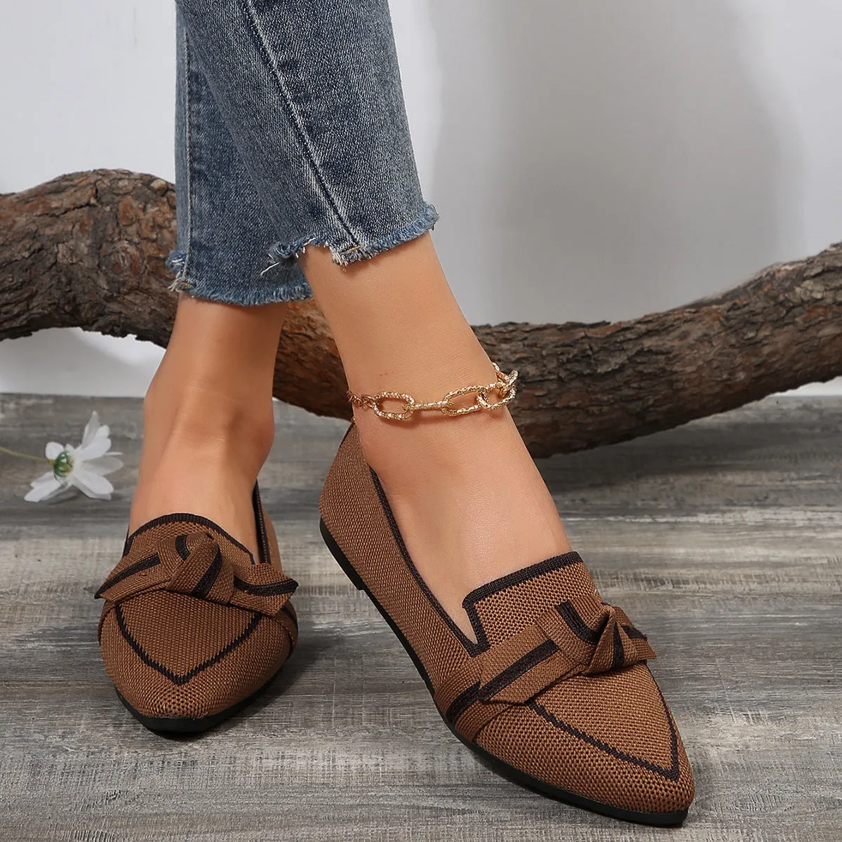 Creamtopmall Breathable Flyknit Pointed Toe Bow Flat Slip-ons