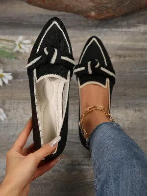Creamtopmall Breathable Flyknit Pointed Toe Bow Flat Slip-ons