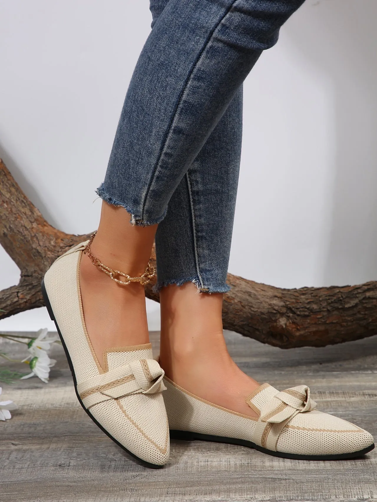 Creamtopmall Breathable Flyknit Pointed Toe Bow Flat Slip-ons