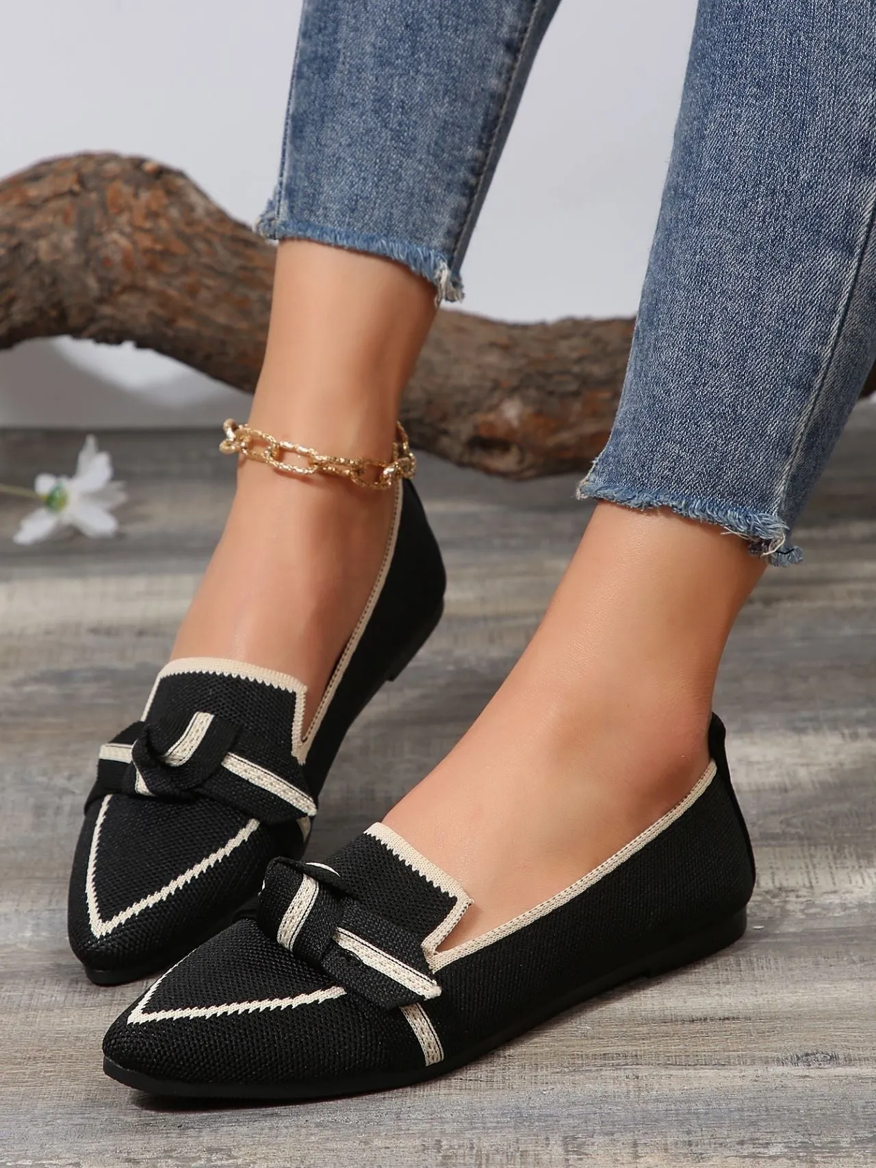 Creamtopmall Breathable Flyknit Pointed Toe Bow Flat Slip-ons