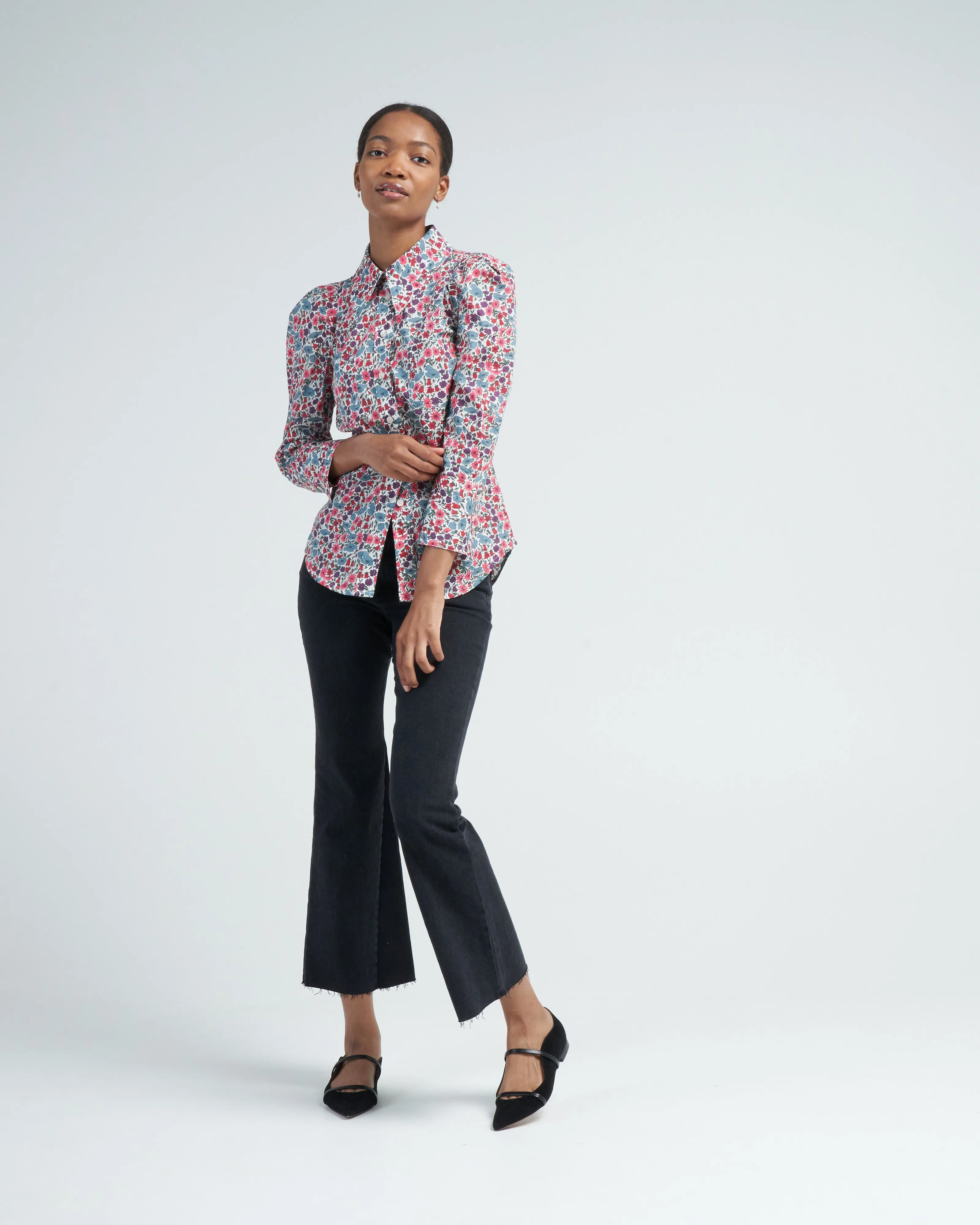 crop sleeve box pleat shirt - multi floral