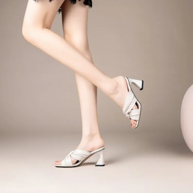 Cross Pleated Sheepskin Square Toe Block Heel