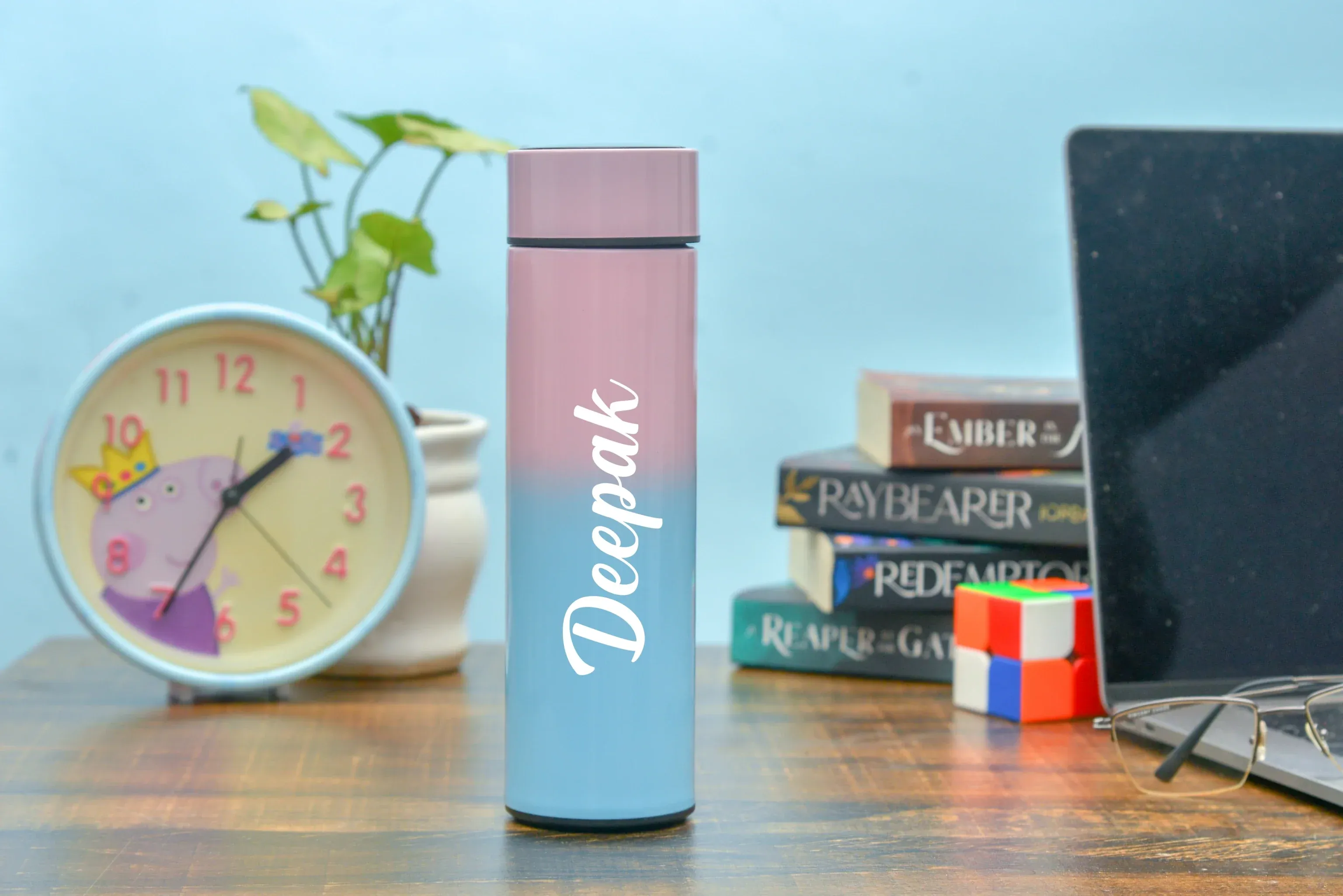 Customized Bottle with Temperature display - Pastel Shade 1 & All in One Men's Combo (4 pcs) - Royal Blue