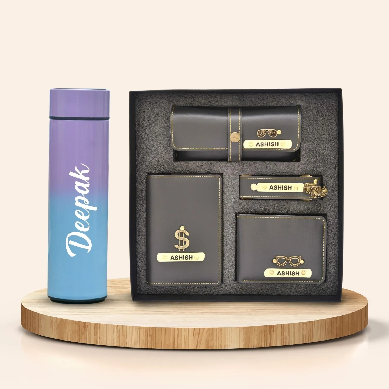 Customized Bottle with Temperature display - Pastel Shade 3 & All in One Men's Combo (4 pcs) - Grey
