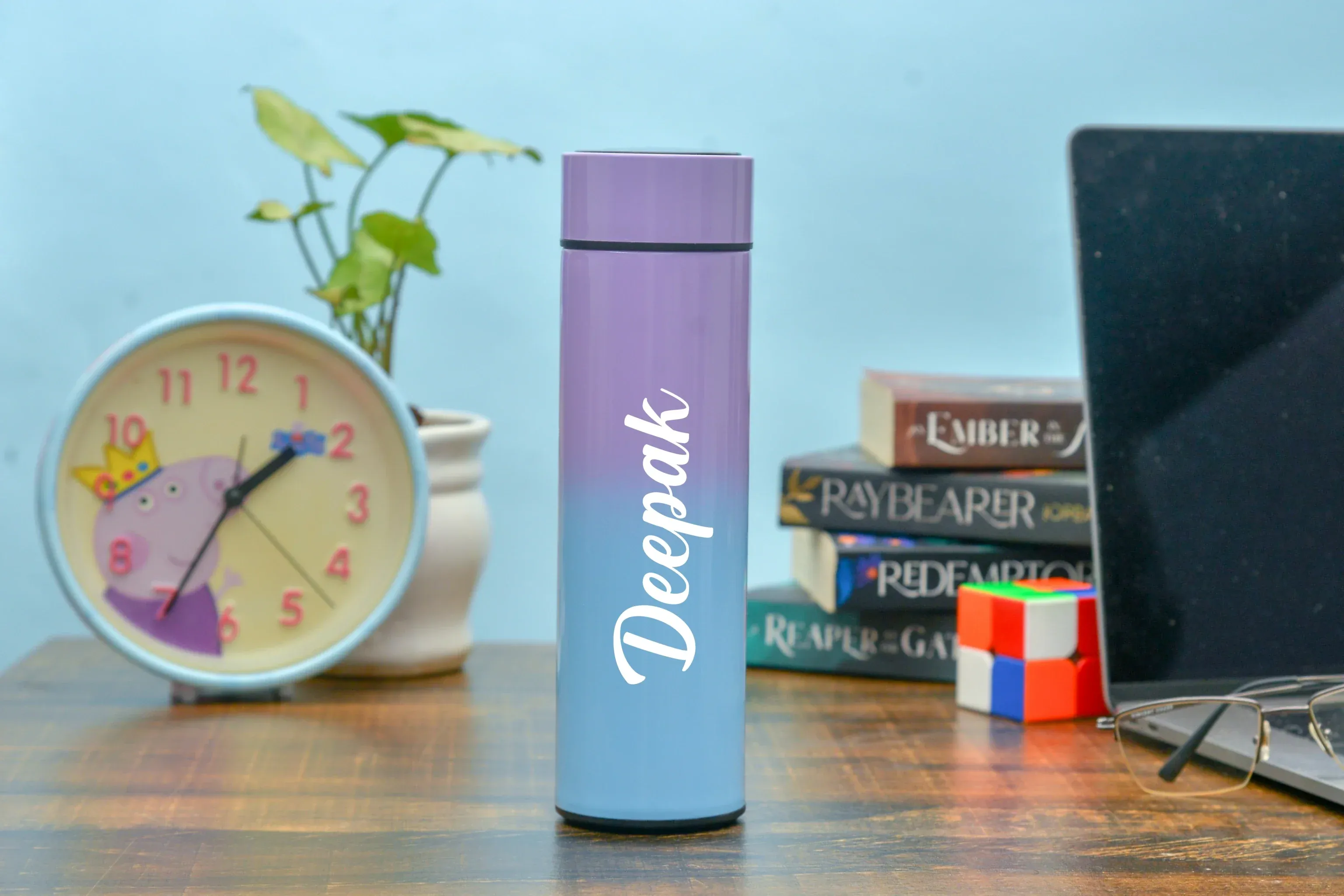 Customized Bottle with Temperature display - Pastel Shade 3 & All in One Men's Combo (4 pcs) - Grey