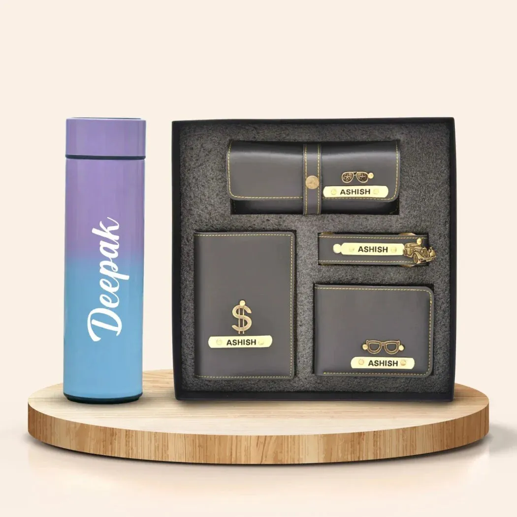 Customized Bottle with Temperature display - Pastel Shade 3 & All in One Men's Combo (4 pcs) - Grey