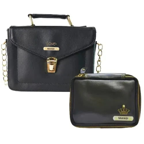 Customized Women's Buttoned Leather Bag   Mini Make up Kit - Black Black