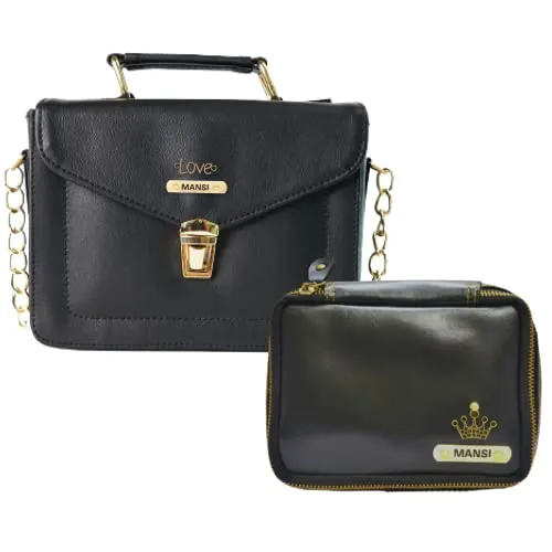 Customized Women's Buttoned Leather Bag   Mini Make up Kit - Black Black