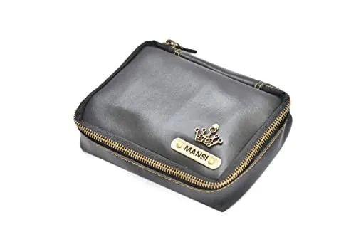 Customized Women's Buttoned Leather Bag   Mini Make up Kit - Black Black