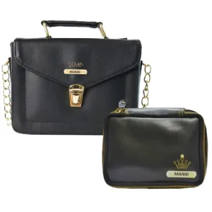 Customized Women's Buttoned Leather Bag   Mini Make up Kit - Black Black