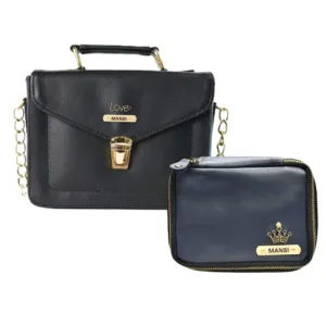 Customized Women's Buttoned Leather Bag   Mini Make up Kit - Black Royal Blue
