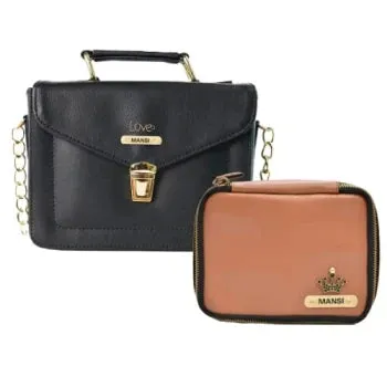 Customized Women's Buttoned Leather Bag   Mini Make up Kit - Black Tan